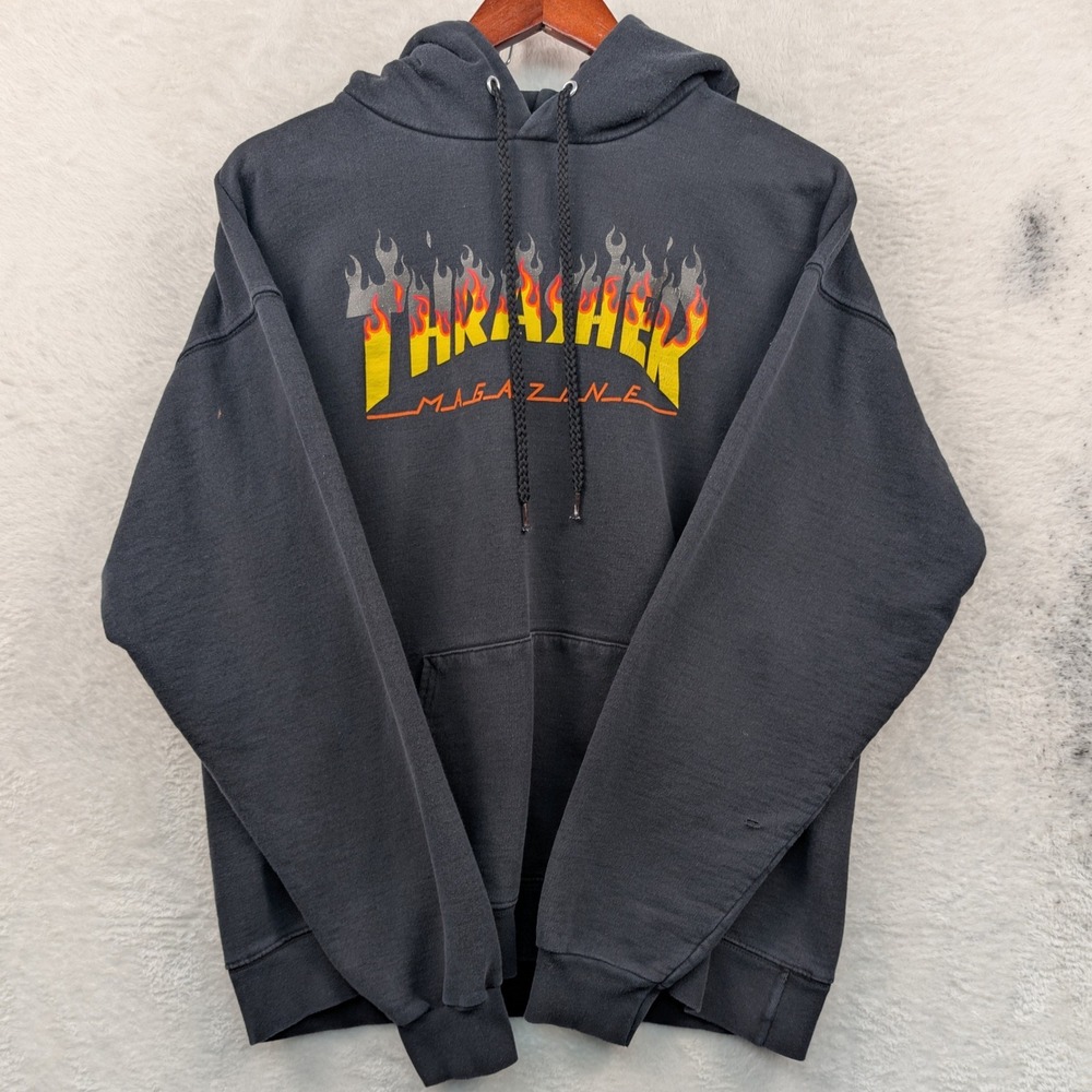 VTG Thrasher Hoodie Men's M Black Faded Flame Logo Skater Grunge Streetwear Y2K